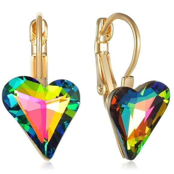 14K Yellow Gold with Vitrail Medium Austrian Crystal Heart Leverback Earrings - Picture 1 of 5